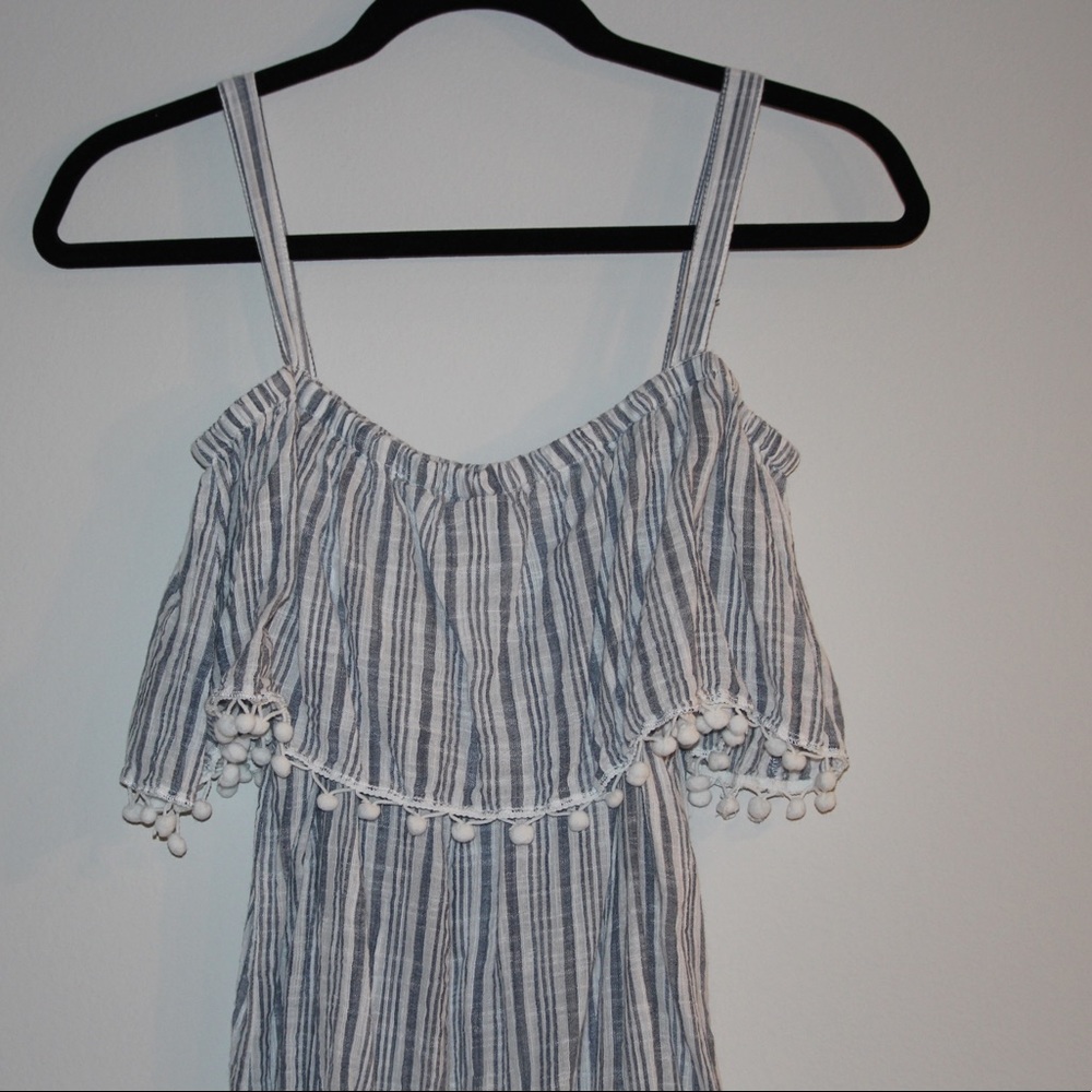 🥳Host Pick🥳 White & Blue stripe Pom trim dress - Picture 4 of 7